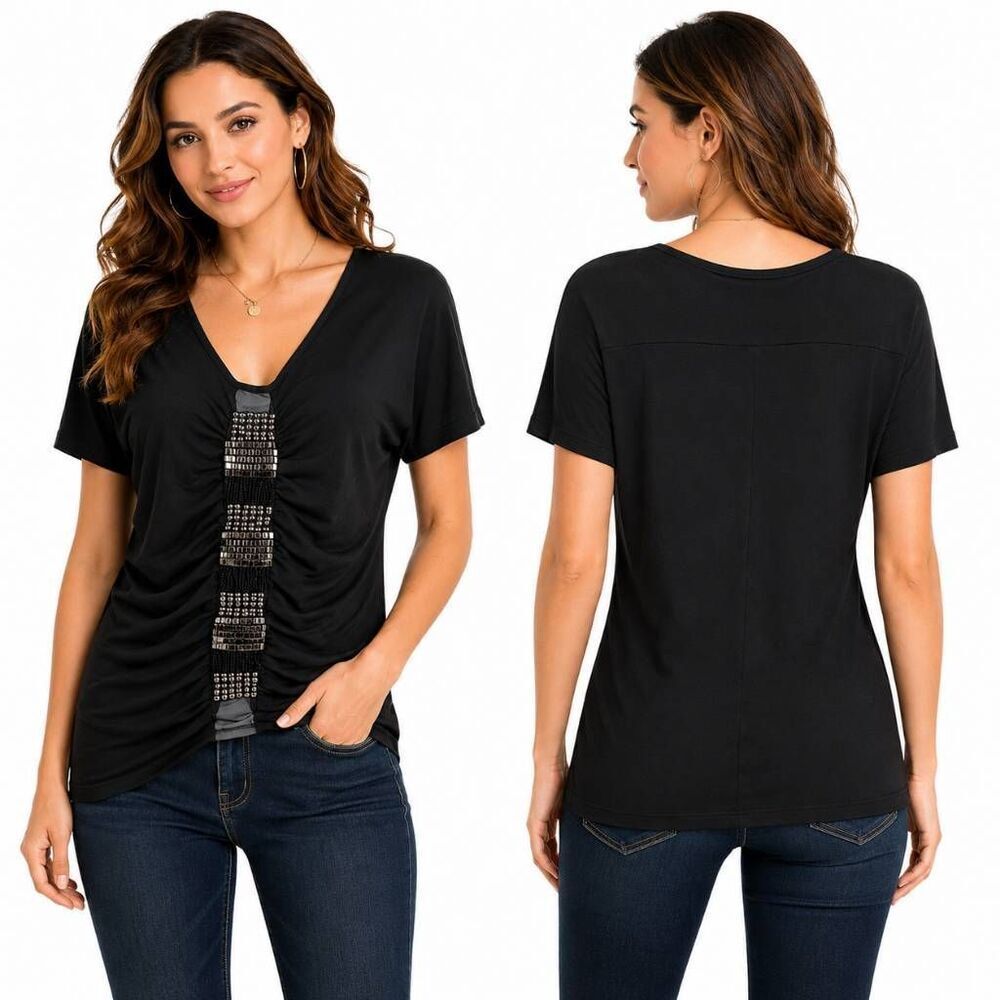 Daytrip SMALL SS Beaded Black Blouse Top